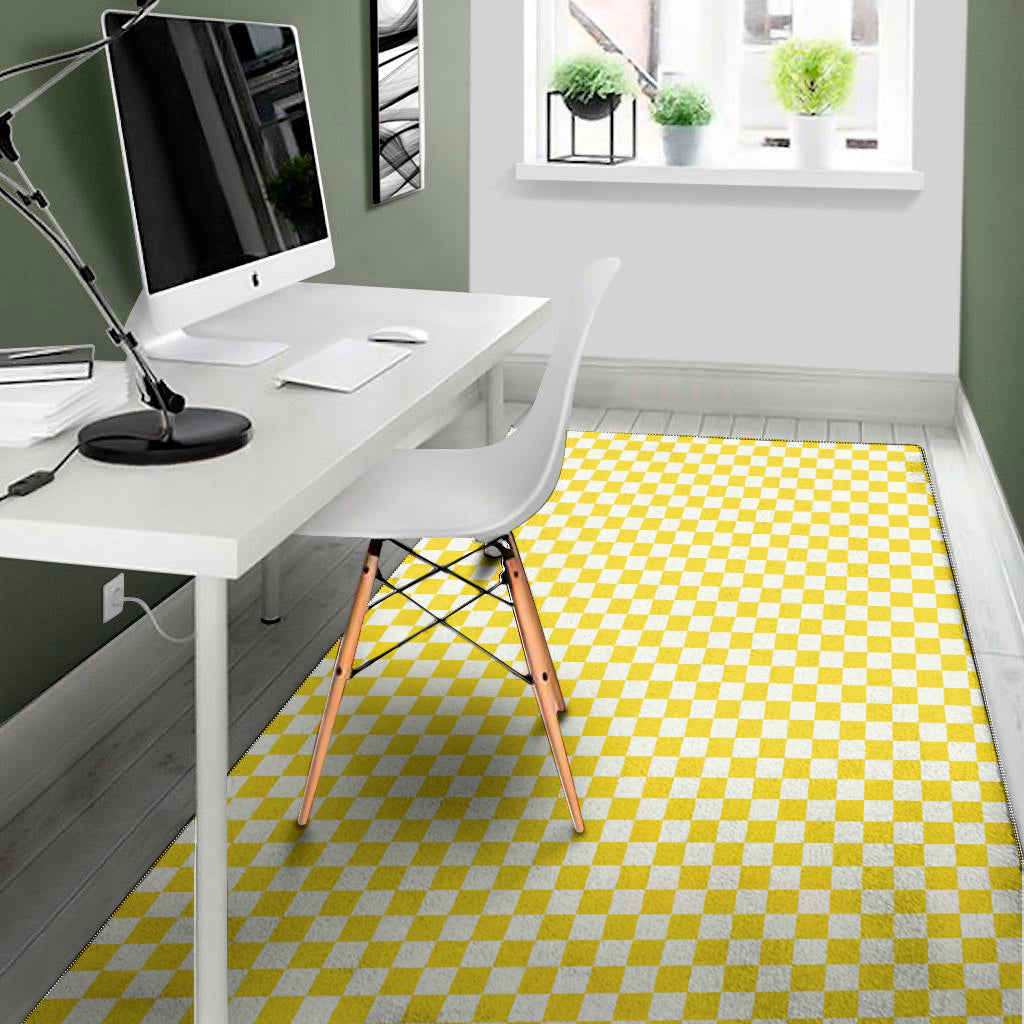Yellow And White Checkered Pattern Print Area Rug