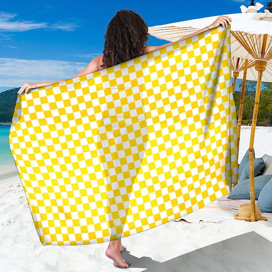 Yellow And White Checkered Pattern Print Beach Sarong Wrap