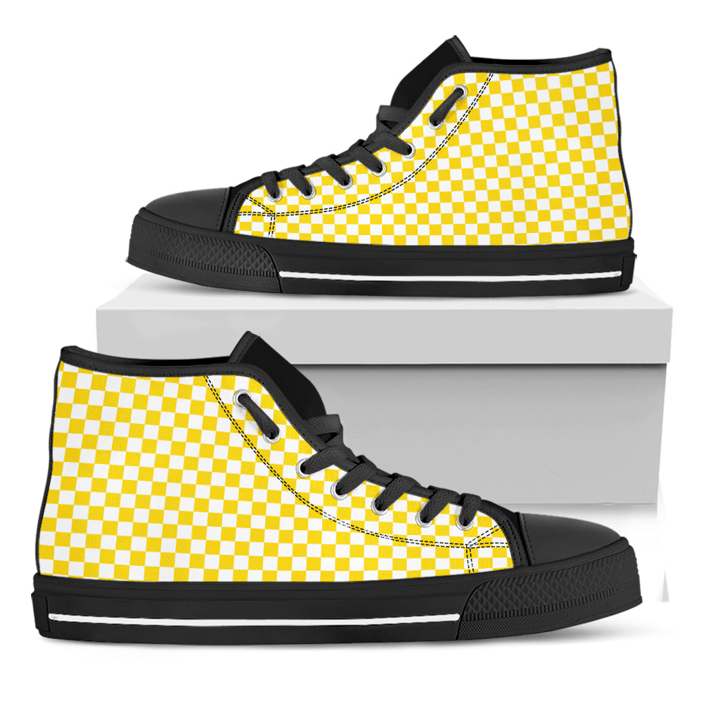 Yellow And White Checkered Pattern Print Black High Top Shoes