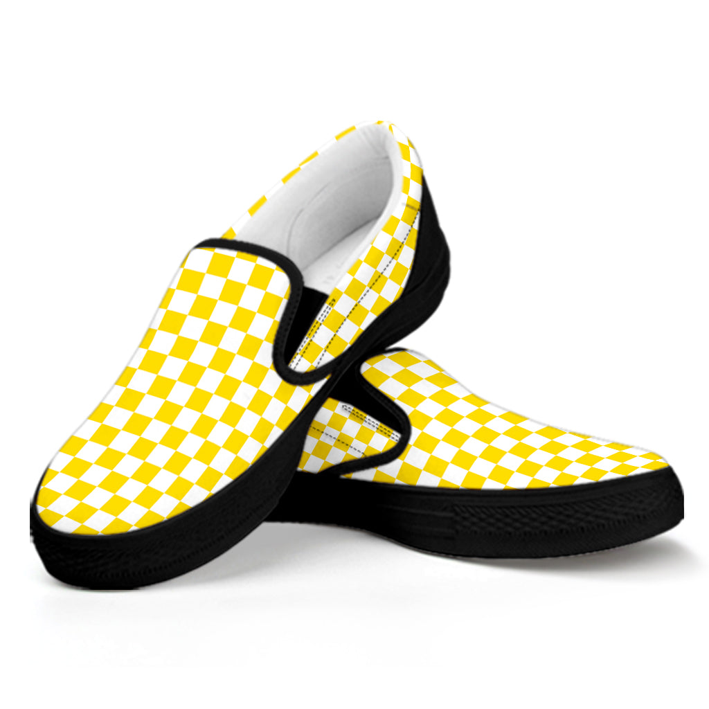 Yellow And White Checkered Pattern Print Black Slip On Shoes