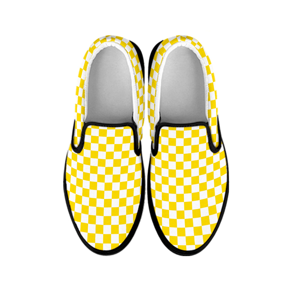 Yellow And White Checkered Pattern Print Black Slip On Shoes