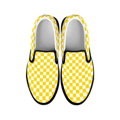 Yellow And White Checkered Pattern Print Black Slip On Shoes