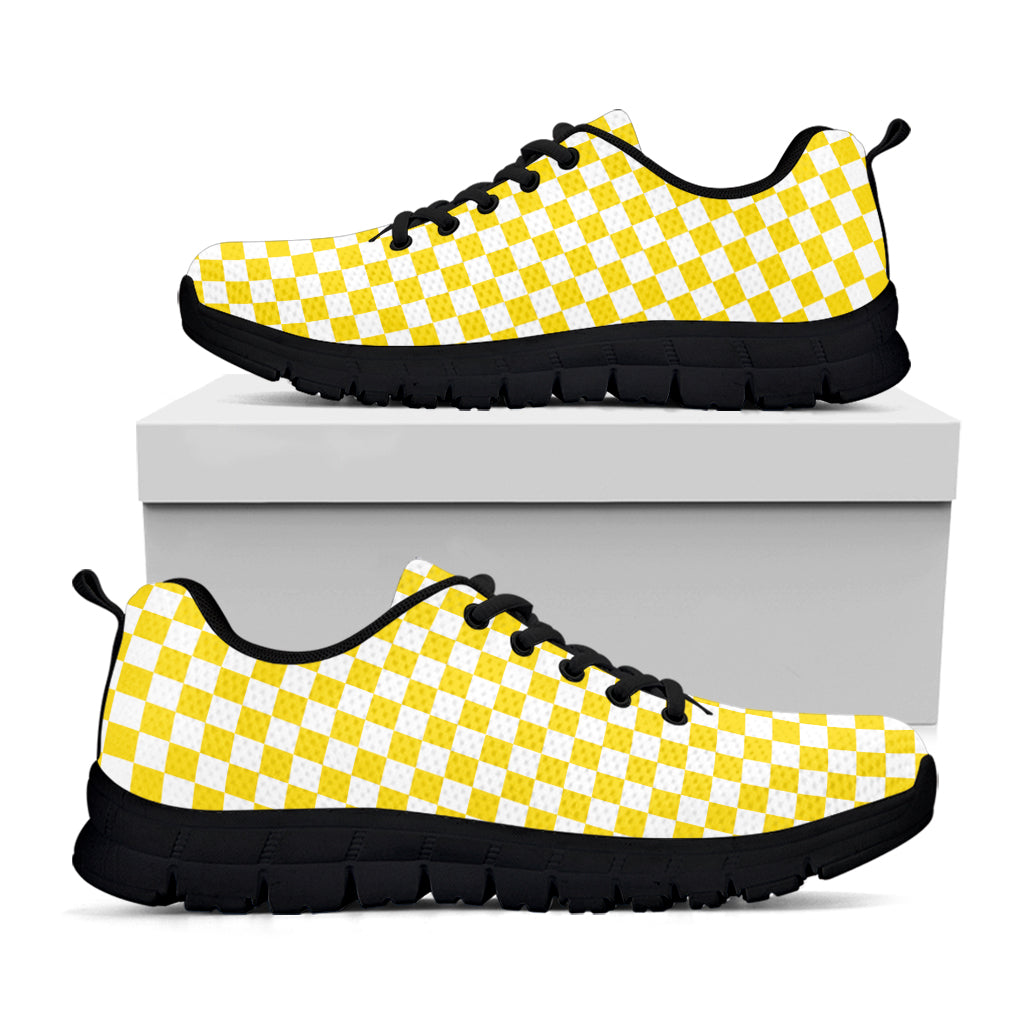 Yellow And White Checkered Pattern Print Black Sneakers