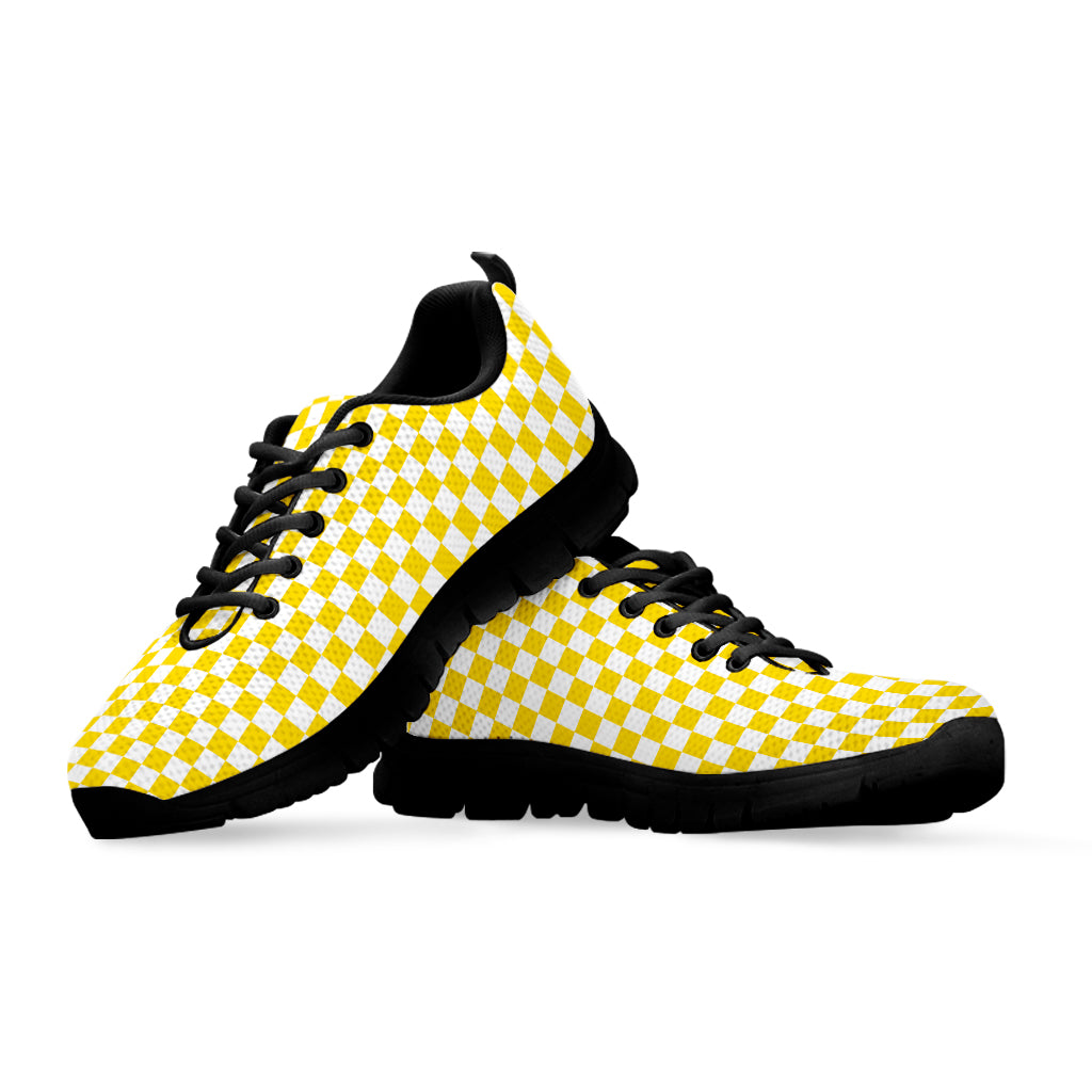 Yellow And White Checkered Pattern Print Black Sneakers