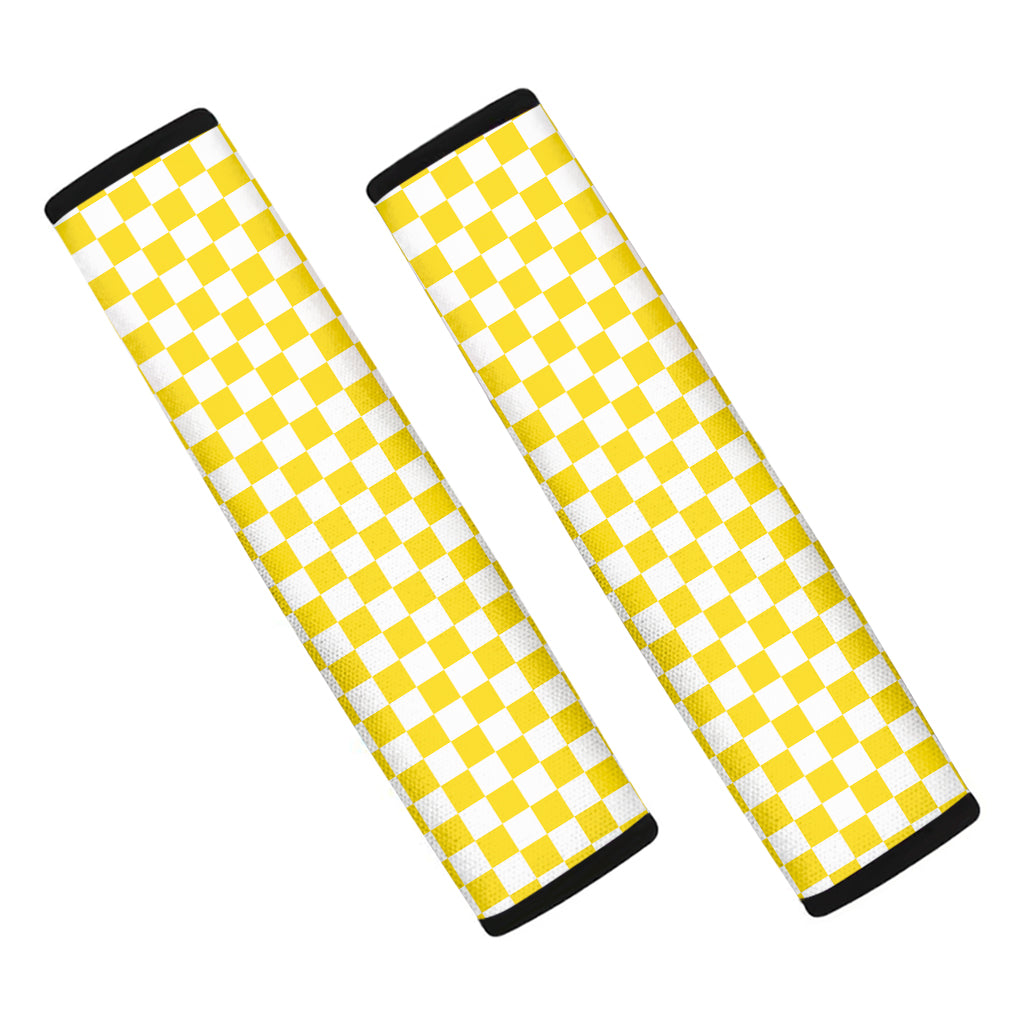 Yellow And White Checkered Pattern Print Car Seat Belt Covers