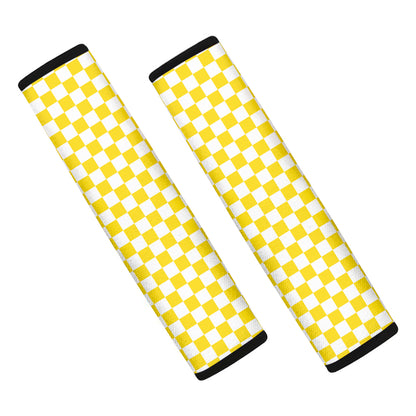 Yellow And White Checkered Pattern Print Car Seat Belt Covers