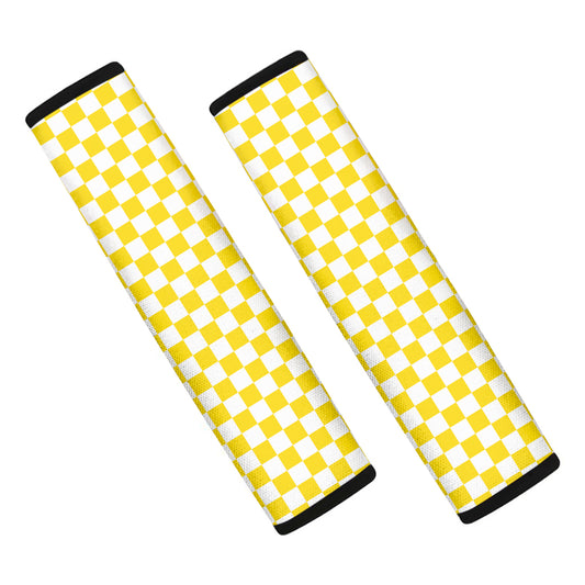 Yellow And White Checkered Pattern Print Car Seat Belt Covers