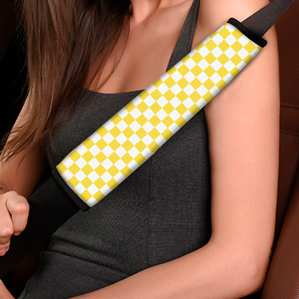 Yellow And White Checkered Pattern Print Car Seat Belt Covers