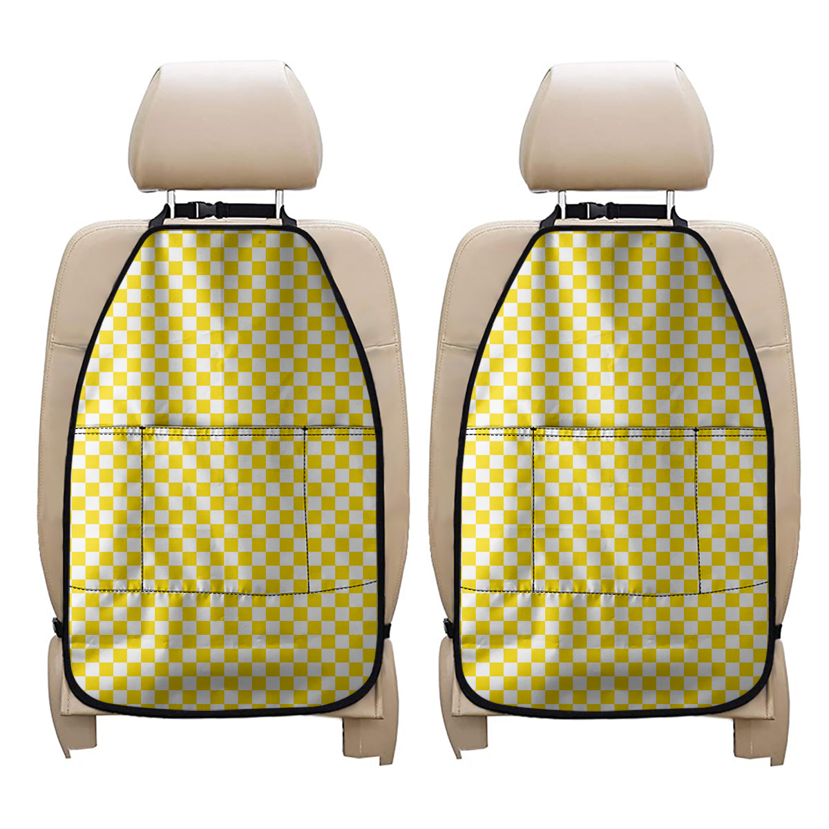 Yellow And White Checkered Pattern Print Car Seat Organizers