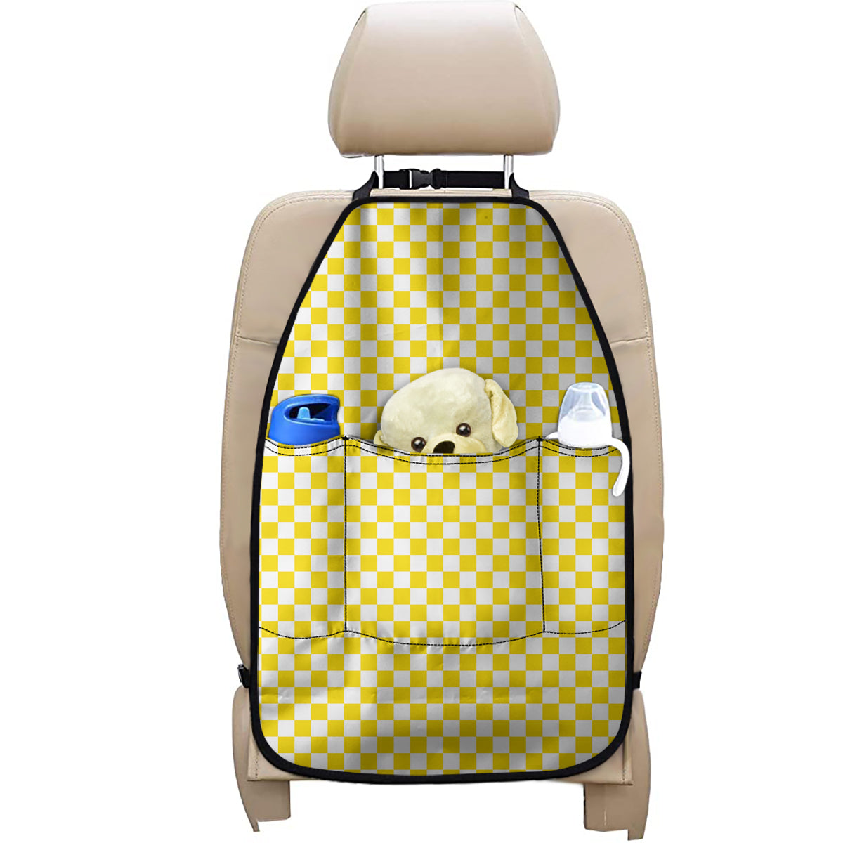Yellow And White Checkered Pattern Print Car Seat Organizers