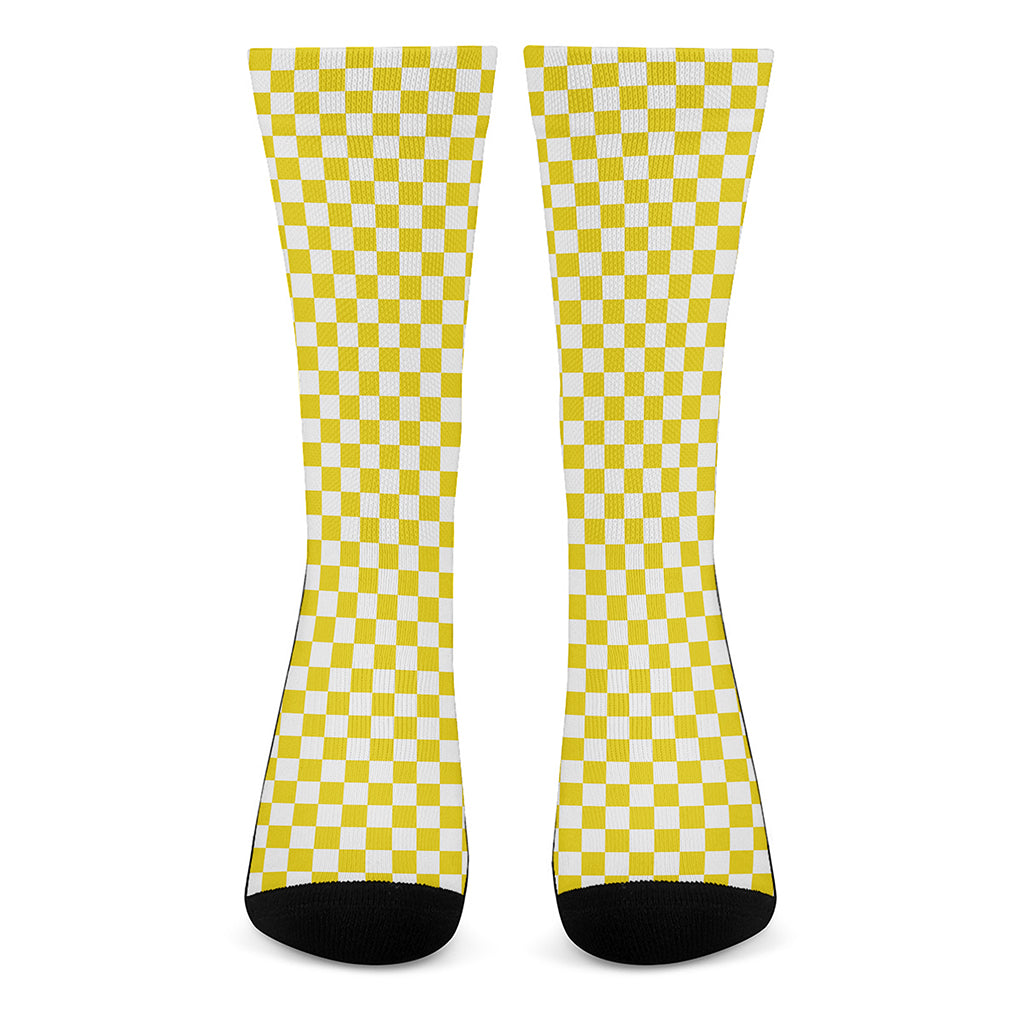 Yellow And White Checkered Pattern Print Crew Socks