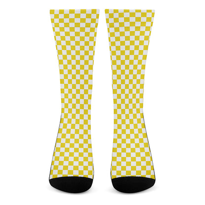 Yellow And White Checkered Pattern Print Crew Socks