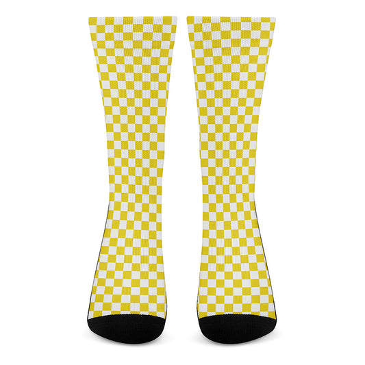Yellow And White Checkered Pattern Print Crew Socks