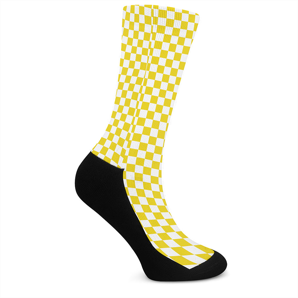Yellow And White Checkered Pattern Print Crew Socks
