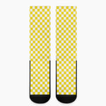 Yellow And White Checkered Pattern Print Crew Socks