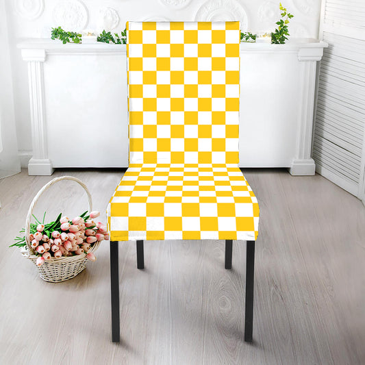 Yellow And White Checkered Pattern Print Dining Chair Slipcover