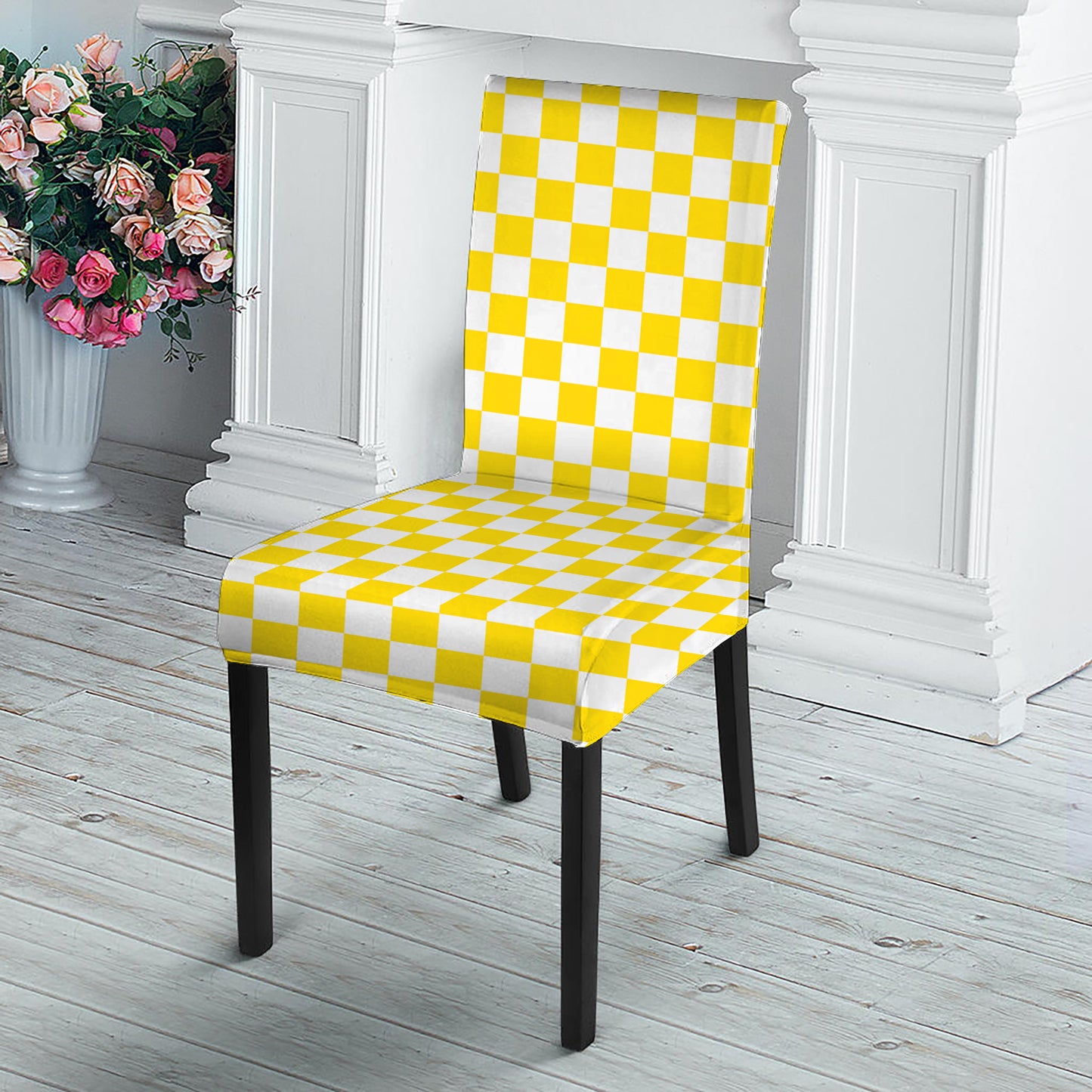 Yellow And White Checkered Pattern Print Dining Chair Slipcover