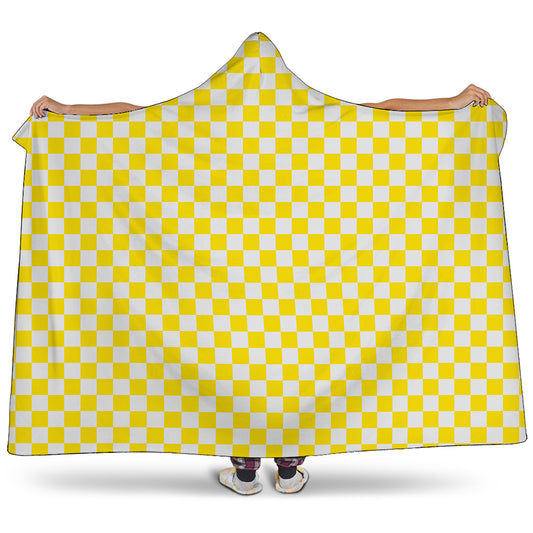 Yellow And White Checkered Pattern Print Hooded Blanket