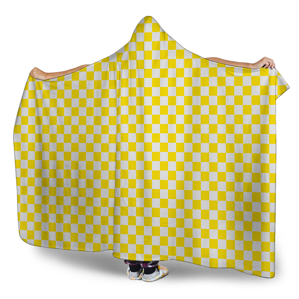 Yellow And White Checkered Pattern Print Hooded Blanket