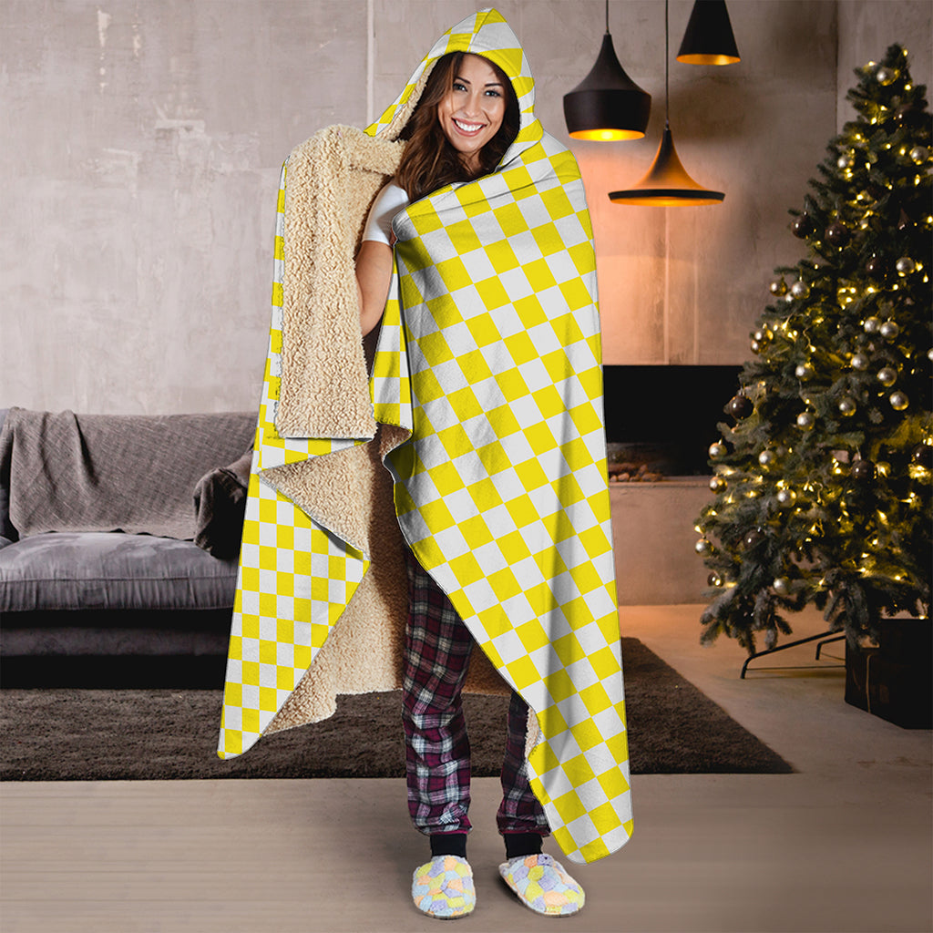 Yellow And White Checkered Pattern Print Hooded Blanket