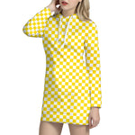 Yellow And White Checkered Pattern Print Hoodie Dress