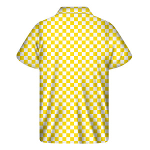 Yellow And White Checkered Pattern Print Men's Short Sleeve Shirt