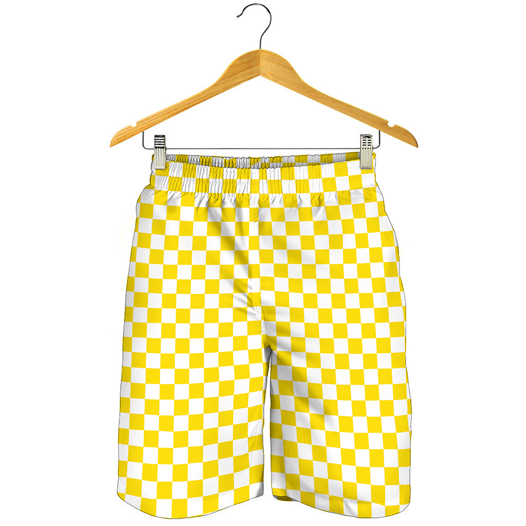 Yellow And White Checkered Pattern Print Men's Shorts