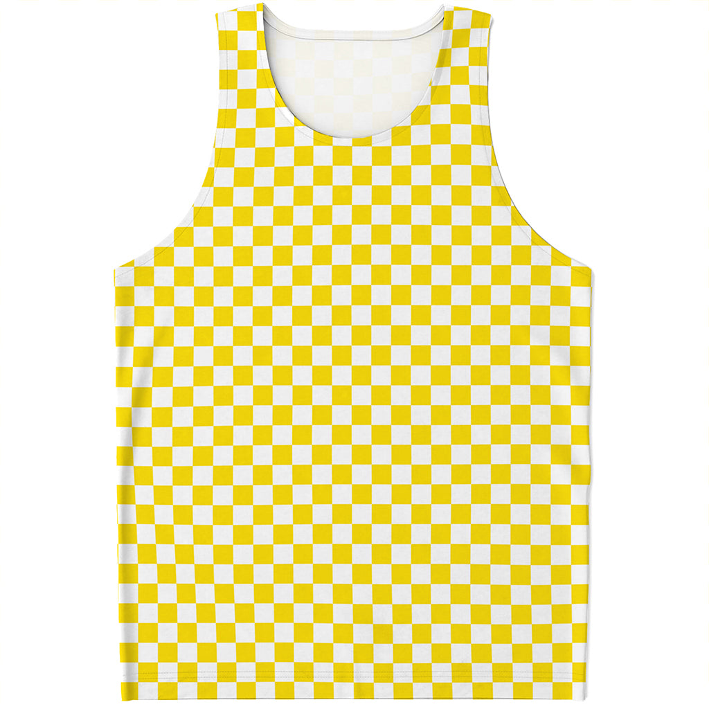 Yellow And White Checkered Pattern Print Men's Tank Top