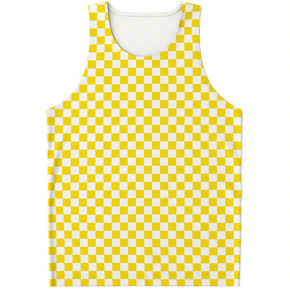 Yellow And White Checkered Pattern Print Men's Tank Top