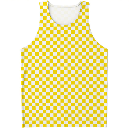 Yellow And White Checkered Pattern Print Men's Tank Top
