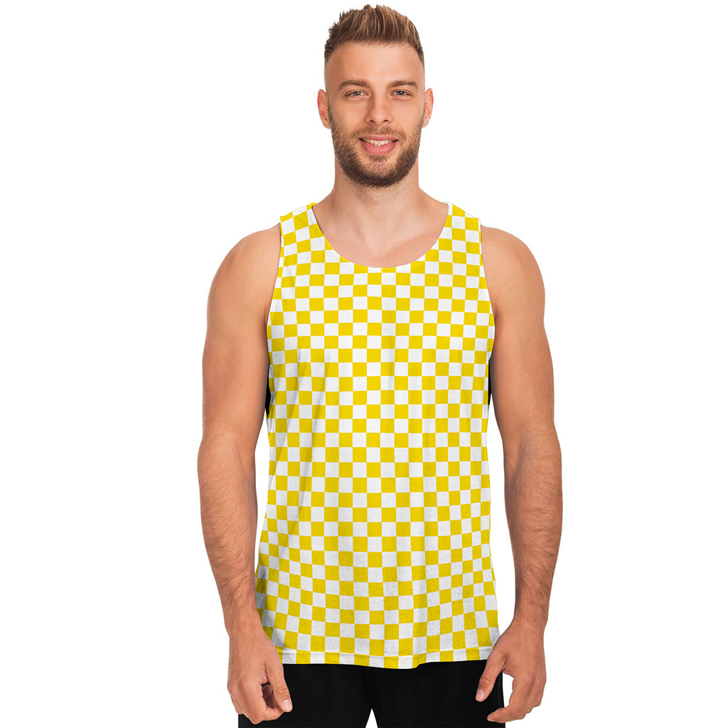 Yellow And White Checkered Pattern Print Men's Tank Top