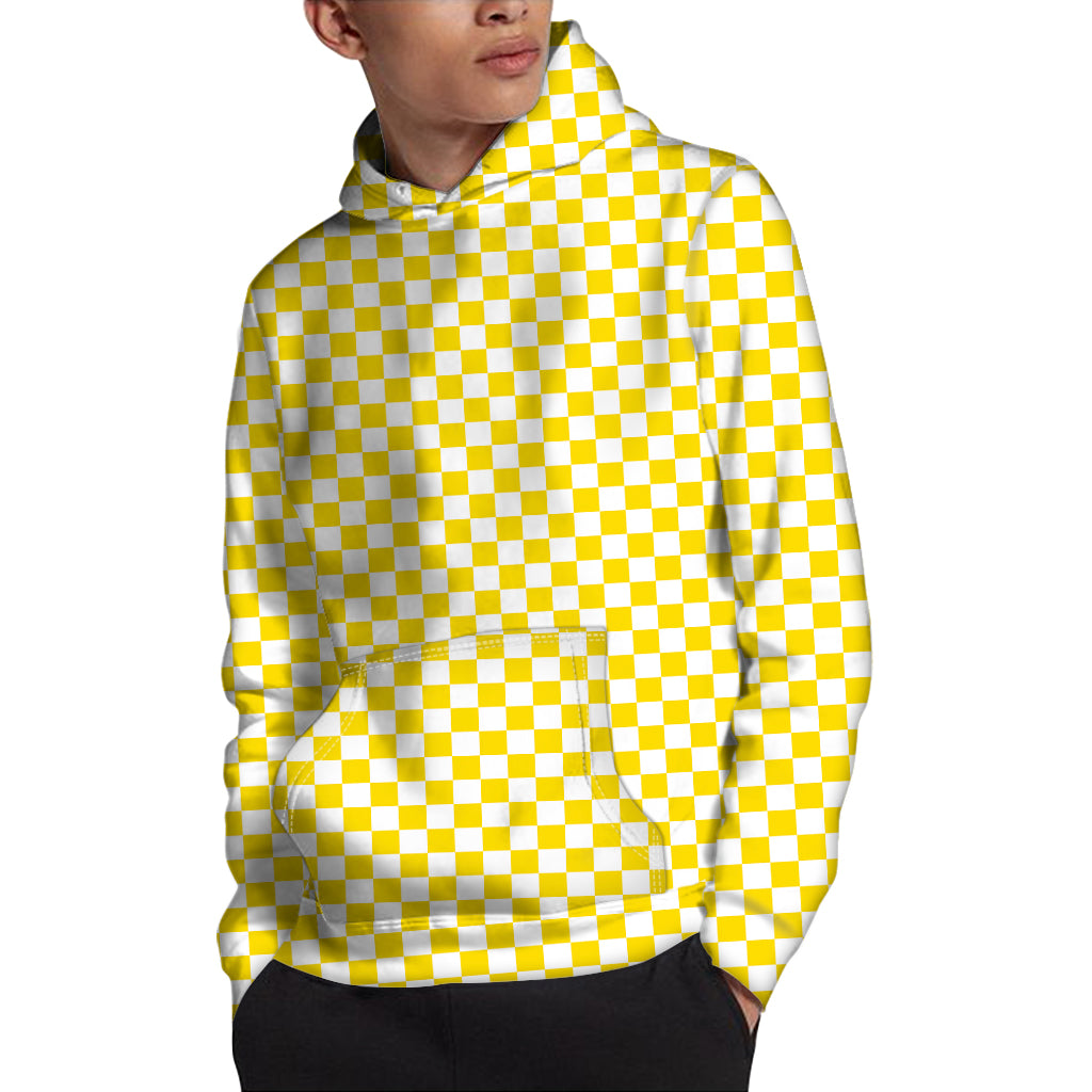 Yellow And White Checkered Pattern Print Pullover Hoodie
