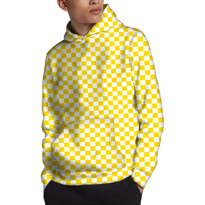 Yellow And White Checkered Pattern Print Pullover Hoodie