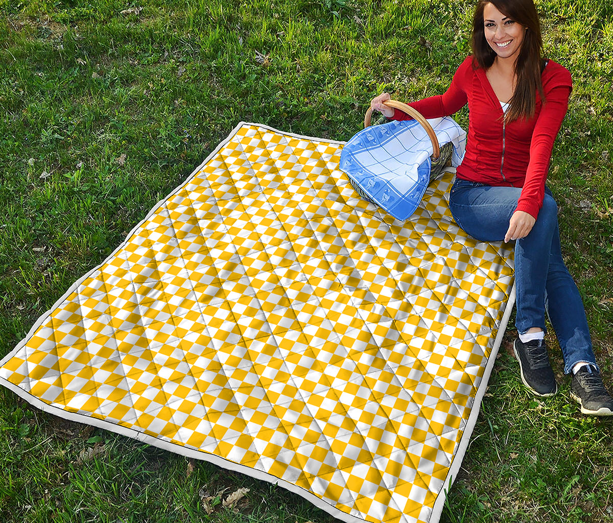 Yellow And White Checkered Pattern Print Quilt