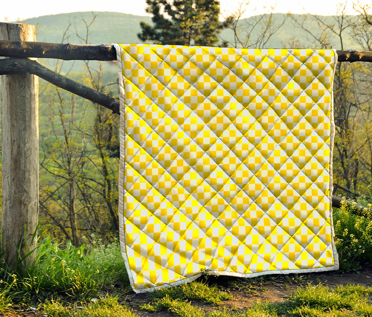 Yellow And White Checkered Pattern Print Quilt