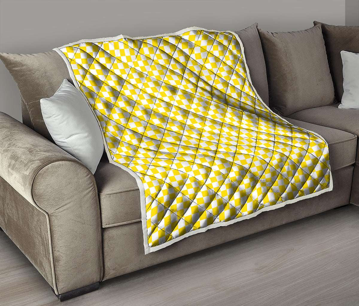 Yellow And White Checkered Pattern Print Quilt