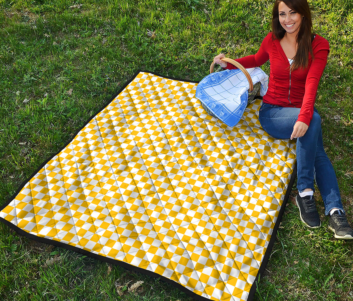 Yellow And White Checkered Pattern Print Quilt