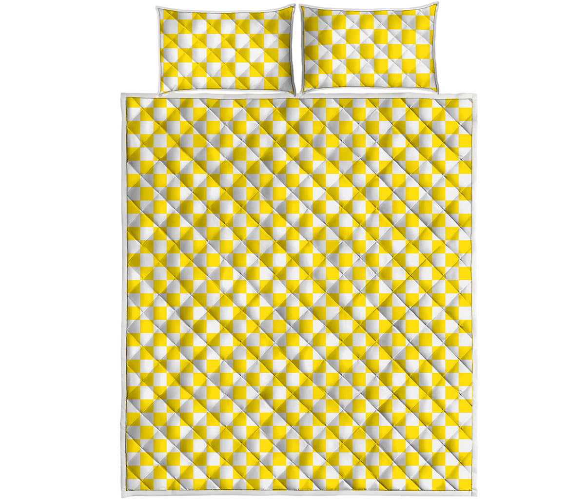 Yellow And White Checkered Pattern Print Quilt Bed Set