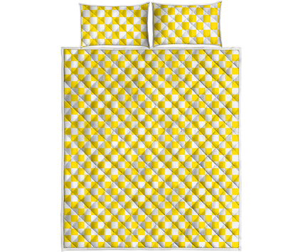 Yellow And White Checkered Pattern Print Quilt Bed Set