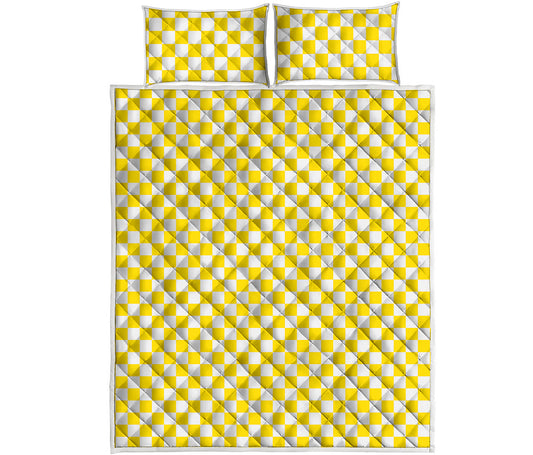 Yellow And White Checkered Pattern Print Quilt Bed Set
