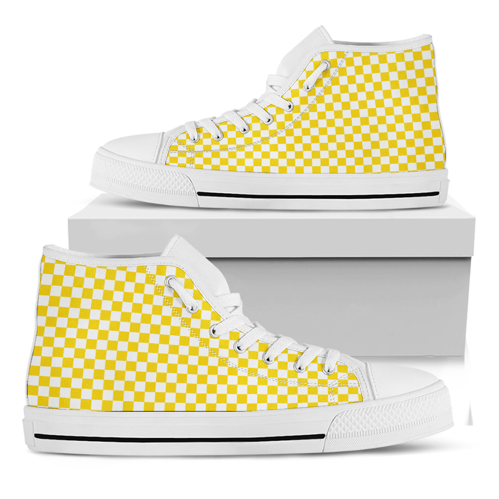 Yellow And White Checkered Pattern Print White High Top Shoes