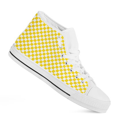 Yellow And White Checkered Pattern Print White High Top Shoes