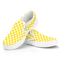 Yellow And White Checkered Pattern Print White Slip On Sneakers