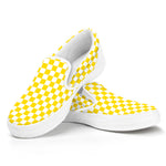 Yellow And White Checkered Pattern Print White Slip On Shoes