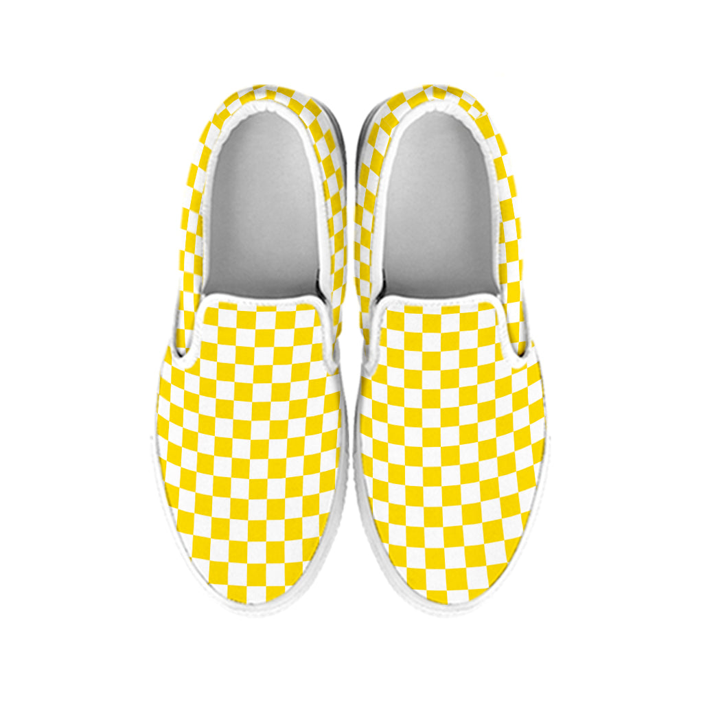 Yellow And White Checkered Pattern Print White Slip On Shoes