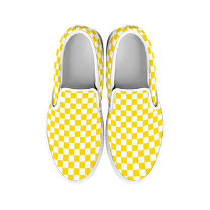 Yellow And White Checkered Pattern Print White Slip On Shoes
