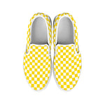 Yellow And White Checkered Pattern Print White Slip On Shoes