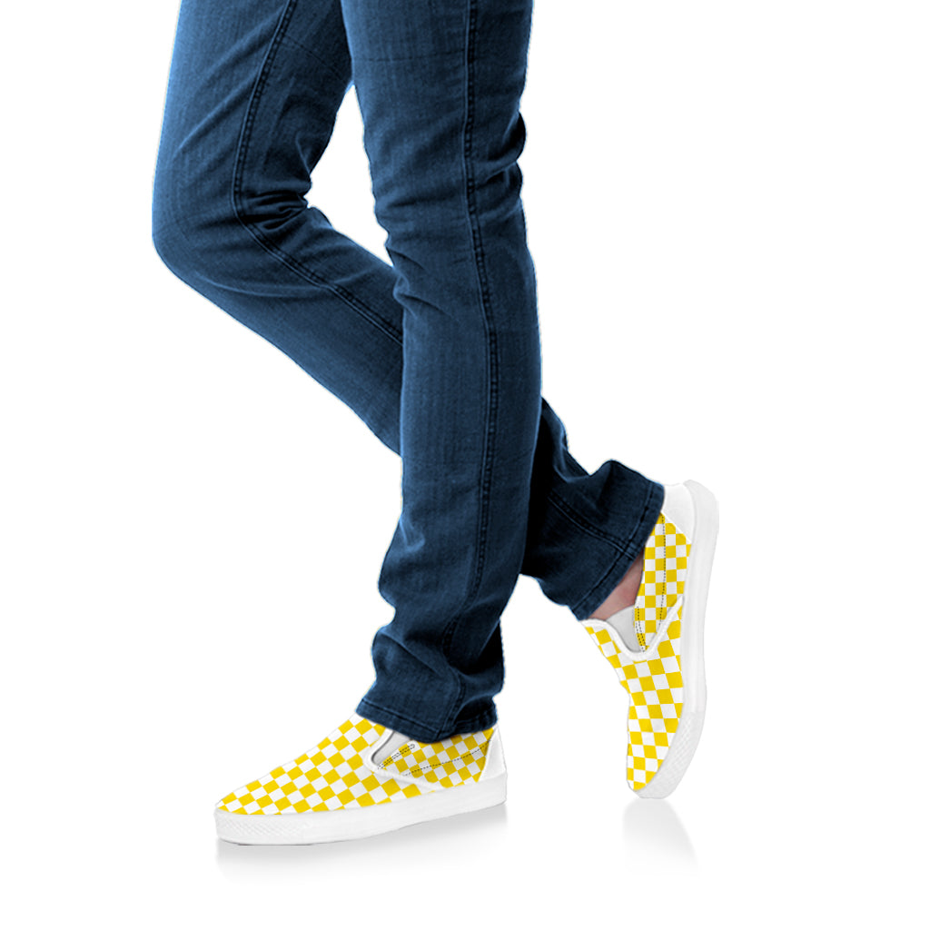 Yellow And White Checkered Pattern Print White Slip On Shoes