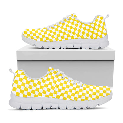 Yellow And White Checkered Pattern Print White Sneakers
