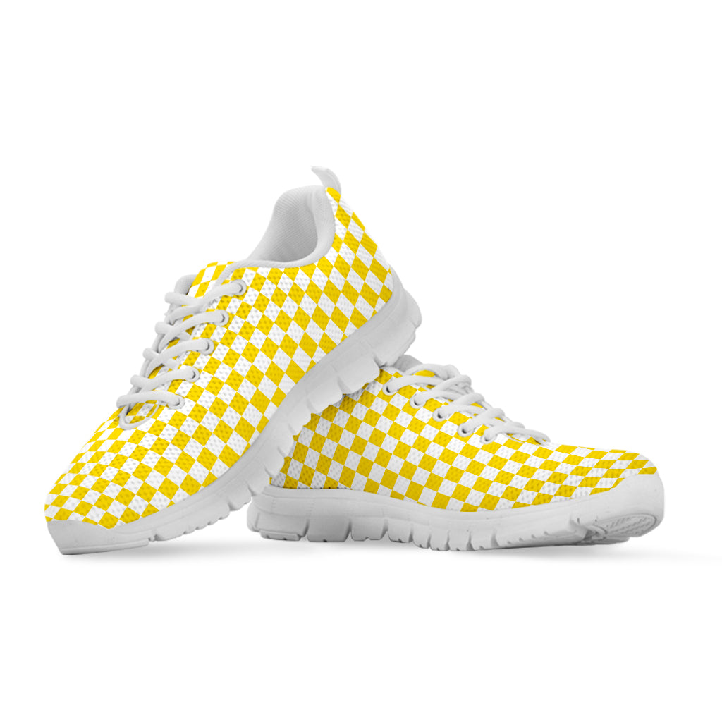 Yellow And White Checkered Pattern Print White Sneakers
